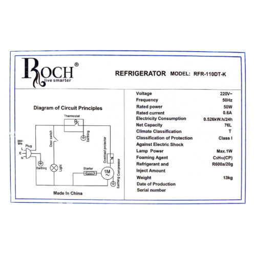 Réfrigérateur bar Roch RBF-110DT-76litres