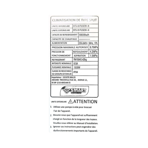 Split Smart Technology STS-09 - 9000 BTU - GAZ 410