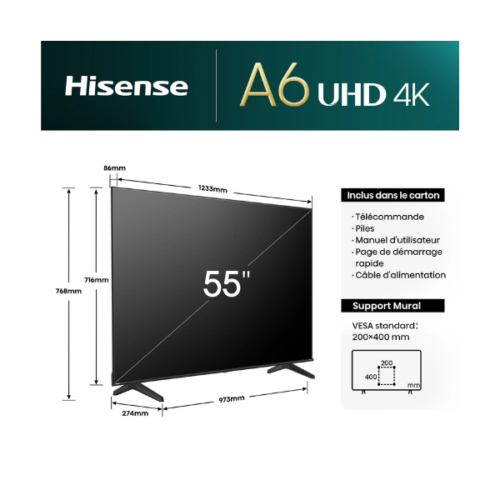 Téléviseur Hisense 55" 55A6N Smart Tv 4K -Vidaa U