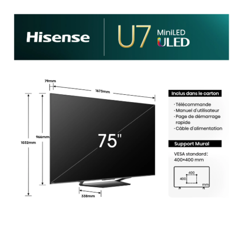 Téléviseur Hisense 75" 75U7N Smart Tv 4K -Vidaa U (Quantum)