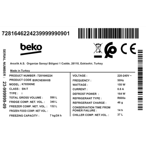 Réfrigérateur combiné Beko B5RCNE66HXB - 509L - 2 Tiroirs (A++ - NoFrost - Porte réversible - éclairage LED)