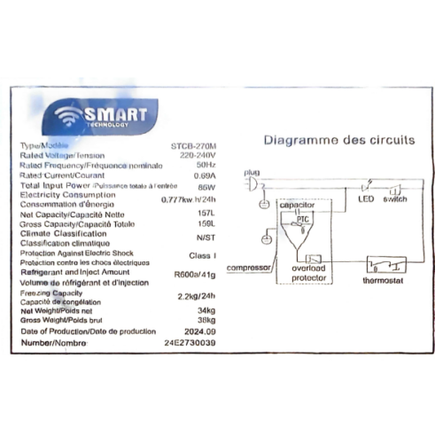 Réfrigérateur combiné Smart Technology STCB270M - 157L- 3 Tiroirs - A+