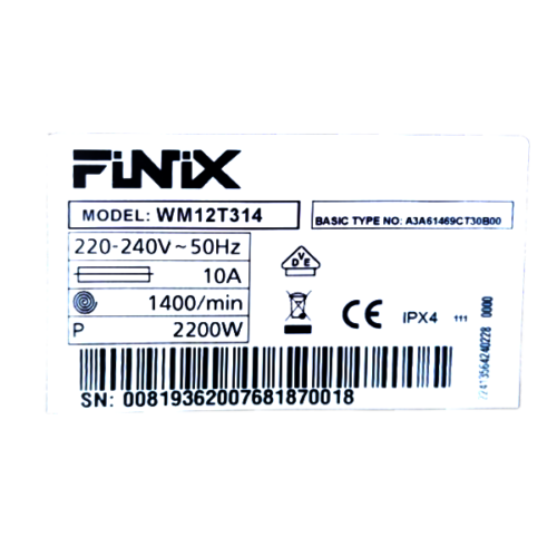 Machine à laver Finix WM12T314 - 12kg (Inverter - Tambour en acier inoxydable - A+++)