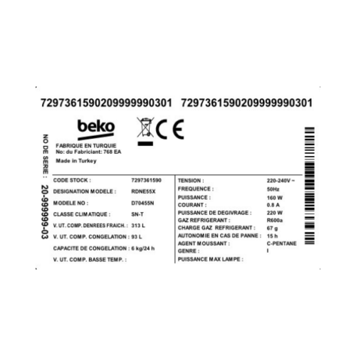 Réfrigérateur 2 portes Beko RDNE55X - 406L - (NoFrost)