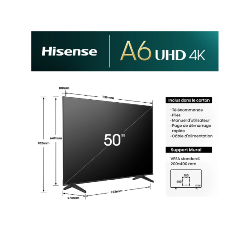 Téléviseur Hisense 50" 50A6N Smart Tv 4K -Vidaa U