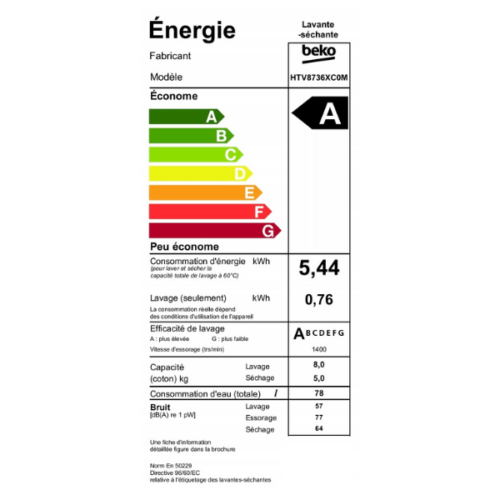 Machine à laver Beko HTV8736XCOM Lavante-Séchante 8kg/5kg-Inverter