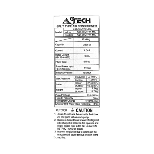 Split Astech 09VTF111 - 9000 BTU - (Inverter-Wifi)