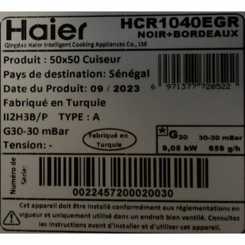 Cuisinière à gaz Haier HCR1040EGR 50x50 - 4 feux